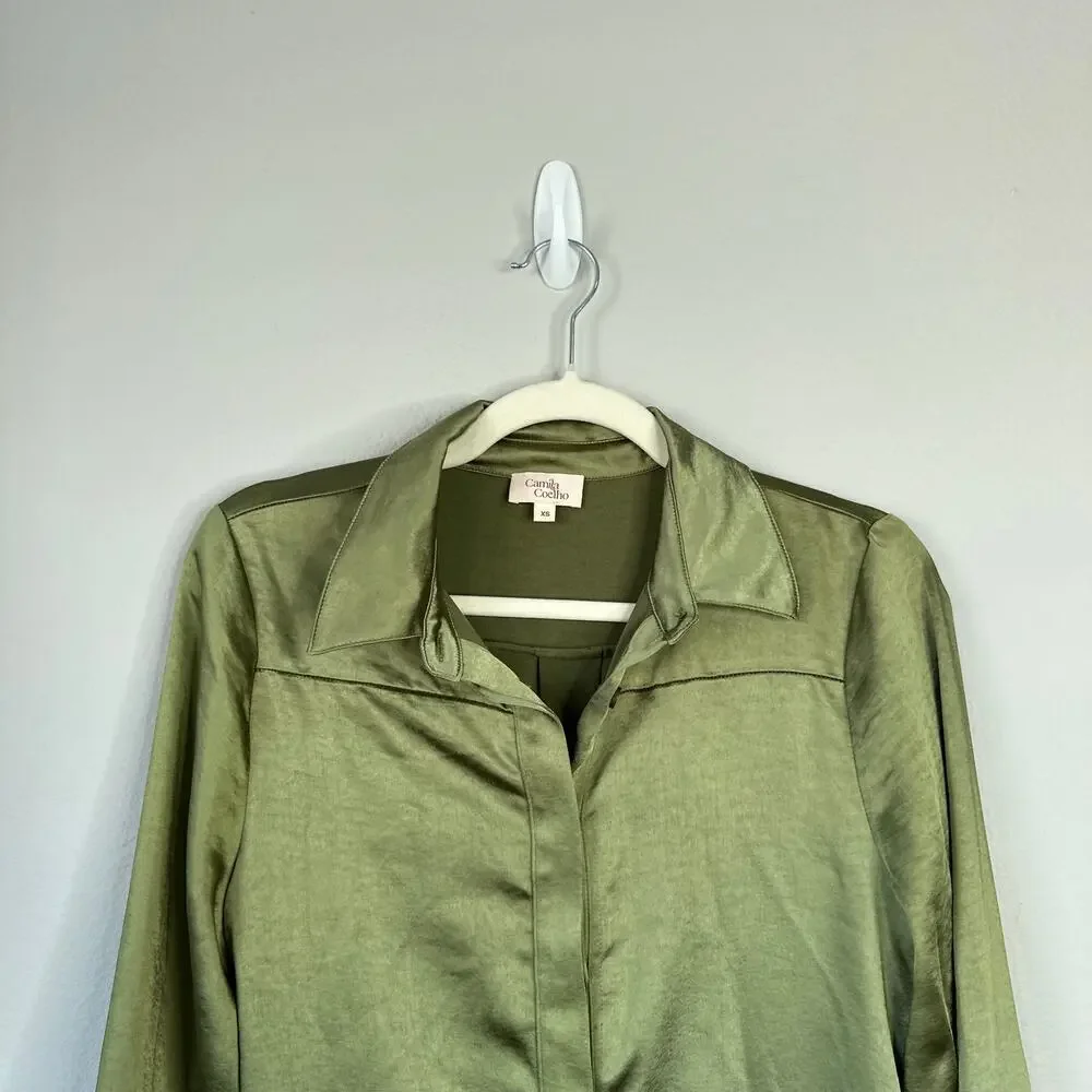 CAMILA COEHLO Priscilla Mini Dress Sage Green Satin Button Up Tie Waist Size XS